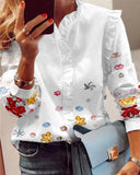 Rarove Autumn outfits Women Elegant Fashion Butterfly Print Blouses Top Ruffled Trim  Casual Long Lace Sleeve Blouse