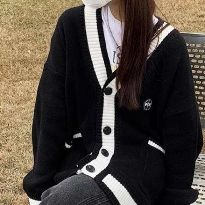 RAROVE Korean Style Black Knitted Cardigan Sweater Women Oversize Fashion Single Breasted Knitwear Jackets Autumn Jumper Coat
