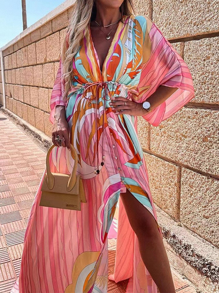 Rarove summer dresses for women 2023 Summer Print Casual Women Dresses Oversized Holiday Beach Dress Boho Long Cover-Up Dress Female Long Sleeve Loose Tunic Dress