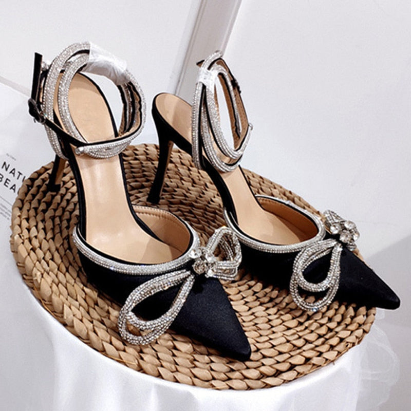 KAMUCC Shining Crystal Bowknot Pointed Toe Pumps Women Sexy Stiletto High Heels Wedding Shoes Woman Ankle Strap Summer Sandals