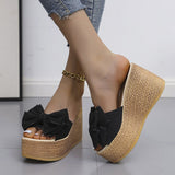 Hot New 2022 Summer New Fashion Large Size T Sweet Bow Wedge Heel Thick Bottom Color Matching Word Sandals Women Sale