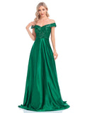 Rarove Elegant Evening Dress Off Shoulder Sequins Satin Women Prom Party Green Dress Floor Length A-Line Long Formal Gown