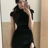 Rarove Black Velvet Cheongsam Mini Dress Women Summer Bandage Slit Hem Bodycon Skirts Evening Qipao Dress Dark Gothic Clothes