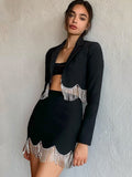 Rarove Rhinestone Tassel Curved Hem Blazer Coat Ladies Hip Package Skirt Suits Women 2 Piece Short Skirts Set Elegant 2023 Long Sleeve