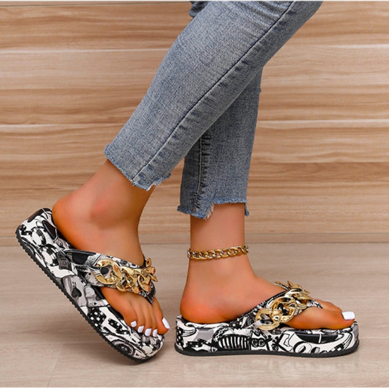 Rarove New Women Summer Fashion Cartoon Chain Flip-Flops Sandal Slippers Woman Flat Platform Sandals Casual Flat Slippers Slides
