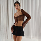Rarove Elegant Mesh See Through Hot Sexy Tops And Blouses Women Summer Shirts Blouse Flare Sleeve Tie Up Tops Clothes