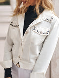 Rarove Women Fashion Casual Rhinestone Decor Button Front Long Sleeve Coat