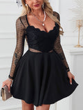 Rarove Back to School Women Fashion Sexy V Neck Black Party Club Dot Mesh Dress Long Sleeve Mini Dress