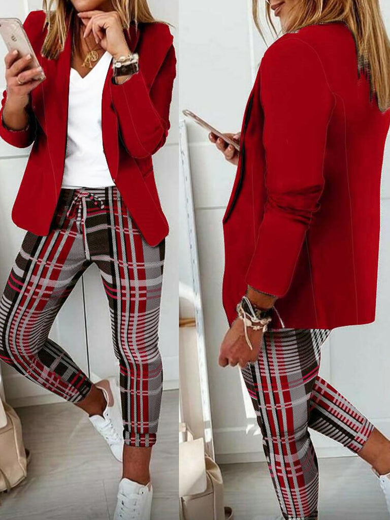 Rarove Plaid Print Blazer Coat & Drawstring Pants Set Autumn Women Office Suits Set Two Piece Set 2023