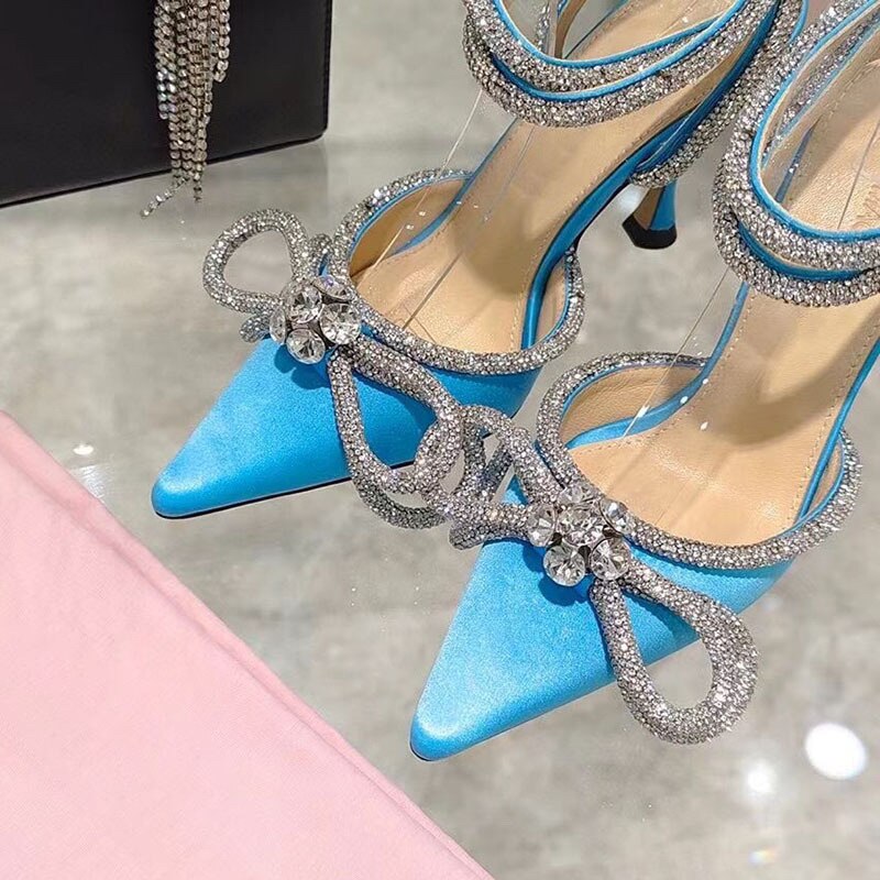 Sandals Women Pumps 2022 New Fashion Satin Glitter Rhinestones Party Shoes Sandals Crystal Bow Pointed Stiletto Prom Shoes Women