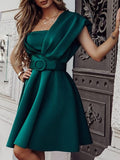 Rarove Women One Shoulder Party Club Dress Robes Formal Mini Dress With Belt Party Vestido