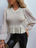 Rarove Women Fashion Mesh Flounce Long Sleeve Pullovers Top  V Neck Peplum Sweater Autumn Jumper