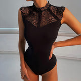 Rarove Women Black Lace Bodysuits Rompers Sleeveless Slinky Bodysuit