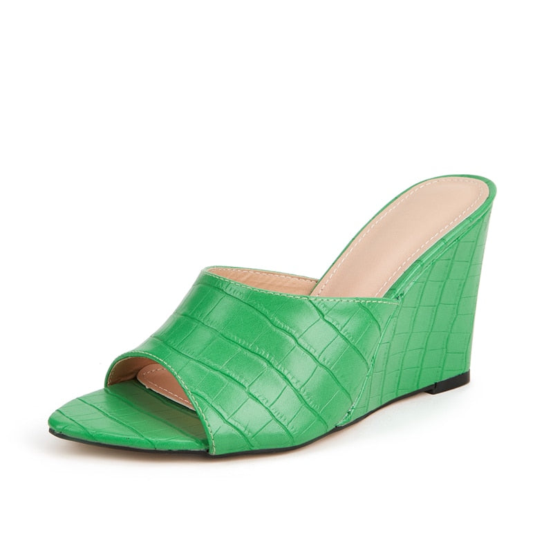 43 Size Designer Crocodile Pattern Green Wedges Mules Shoes Women Sandals  Summer Beach High Heels Slippers Slides