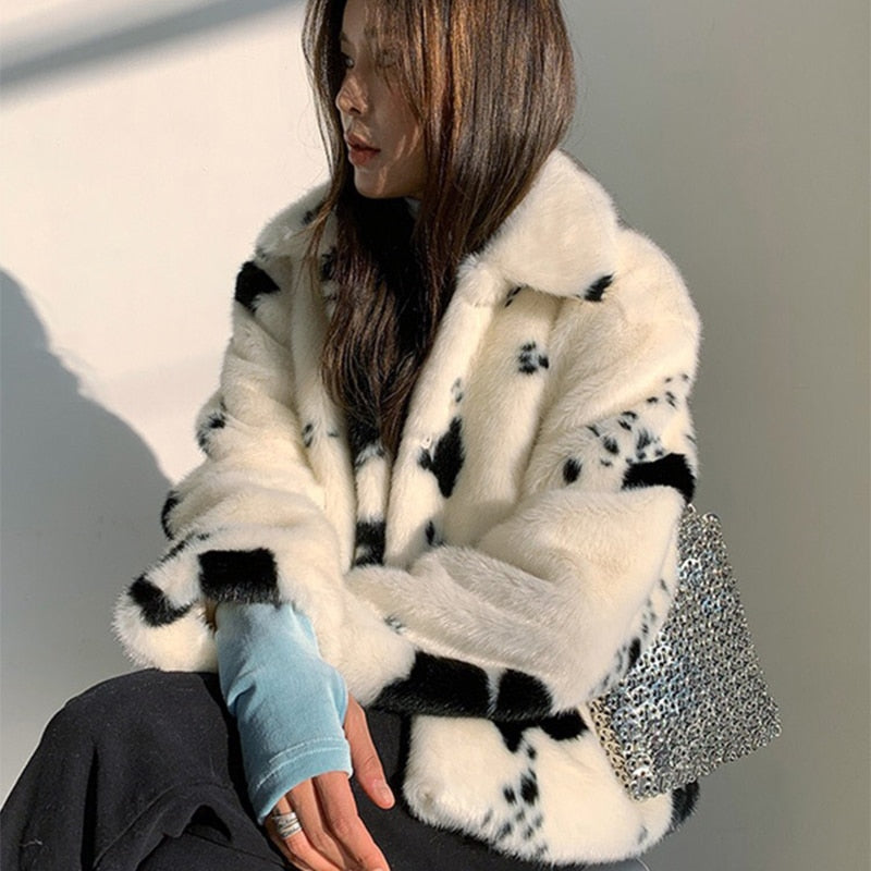 Rarove Black Fridy Black White Cow Pattern Faux Mink Fur Coat Womens Elegant Winter Short Turn-Down Collar Coats Korean Soft Tops Woman