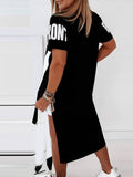 Rarove Women Fashion Casual Loose Fit Midi Dress Female Casual Short Dresses Letter Print Dip Hem T-Shirt Dress