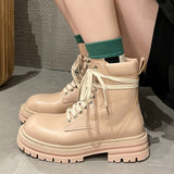 Rarove Back to school Lace Up Pink Platform Ankle Boots Women 2022 New Thick Bottom Pu Leather Boots Woman Side Zipper Flat Motorcycle Botas