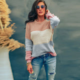 Rarove Thanksgiving Handmade Knitted Stripes Loose Crew Neck Pullover Sweater 2022 Autumn Winter Women's Clothing Casual Long Sleeves Cover Up A1800