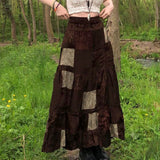 Rarove Thanksgiving Women's Vintage Brown Midi Skirts Autumn Elegant Velvet High Waist Long Skirt Female Print Patchwork A Line Skirts