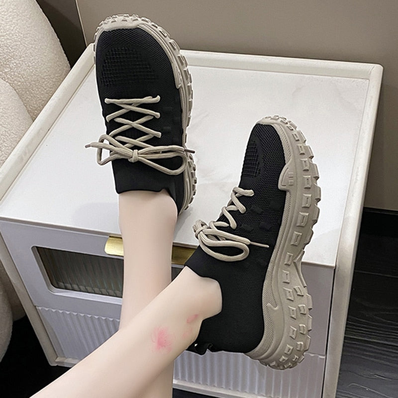 Rarove Back to school Breathable Knit Platform Sneakers Women Autumn Non Slip Lace Up Sport Shoes Woman Thick Bottom Vulcanize Shoes Female