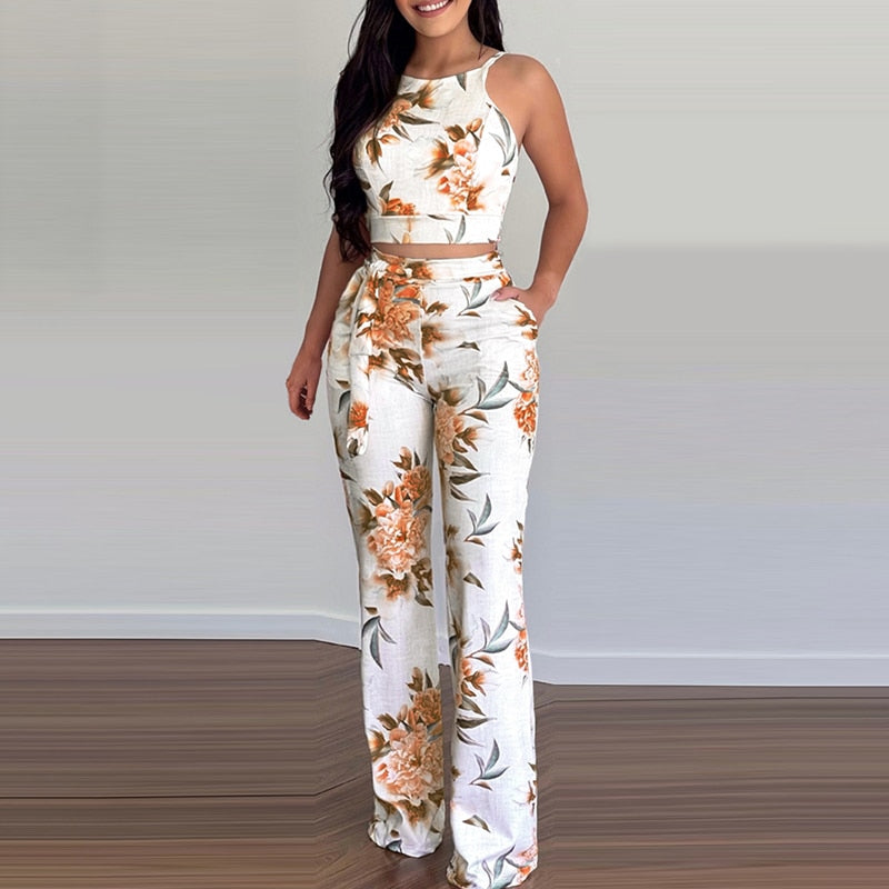 Rarove Back to School Fashion Two Piece Set Casual Wear Suits Set Two Piece Outfit Floral Print Sleeveless Crop Top & High Waist Pants Set