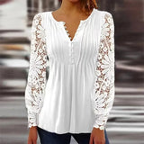 Rarove- Lace Long Sleeve Pleated Blouse Women Sexy V Neck Hollow Out Button T Shirts Lady Spring Autumn Clothes Tops