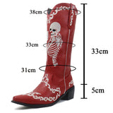 RAROVE Halloween Women Skull Skeleton Selfie Cowboy Western Mid Calf Boots Pointed Toe Slip-On Stacked Heel Goth Punk Autumn Shoes Brand Designer