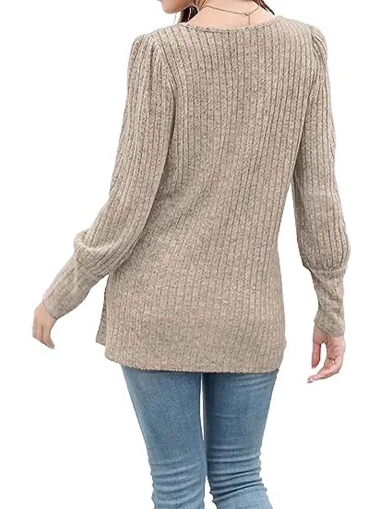 Rarove- Casual Button Square Collar T-Shirt Women Solid Color Long Sleeve Tops OL Lady Autumn Loose Pullover