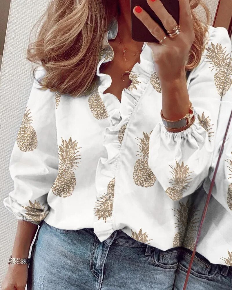 Rarove- Fashion Pineapple Print Shirt Women's Ruffled Collar Long Sleeve Top Young Girl Solid Color Casual Blouse 5Xl