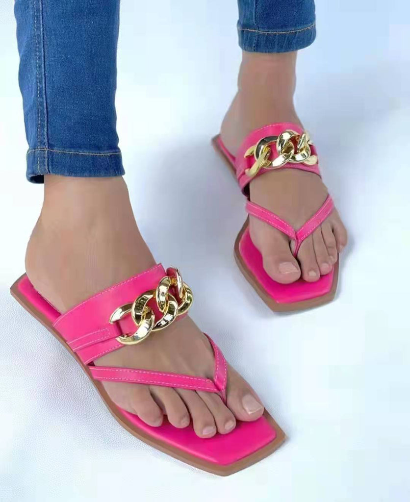 Summer Trend Sandals Women Thick Platform Flat Sole Golden Chain Decoration Cross Trap Lace Flip Toe Fashion Sexy Ladies Shoes