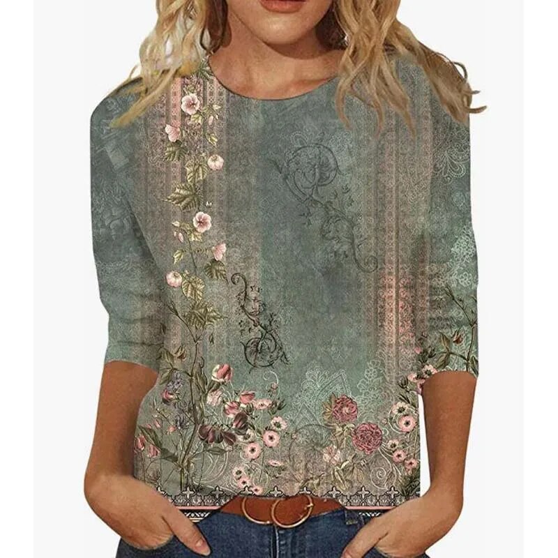 Rarove- Women Ethnic Floral Printed T Shirt Female O Neck Seven-Point Sleeve Blouse Lady Spring Summer Casual Commuter Tops