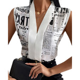 Rarove Women Summer Fashion Female Top Nespaper Print V Neck Long Sleevless Casual Blouse Tops