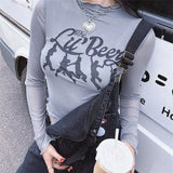 Rarove See Through Crop Top Vintage Graphic Letter Print Mesh Sheer T-shirt Harajuku Slim Tee Y2K Long Sleeve Tops Women Clothes