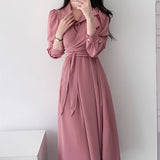 RAROVE Spring Autumn Women Casual Elegant Lace-Up Shirt Dress Female Fashion A-Line Midi Dress Office Lady Clothing