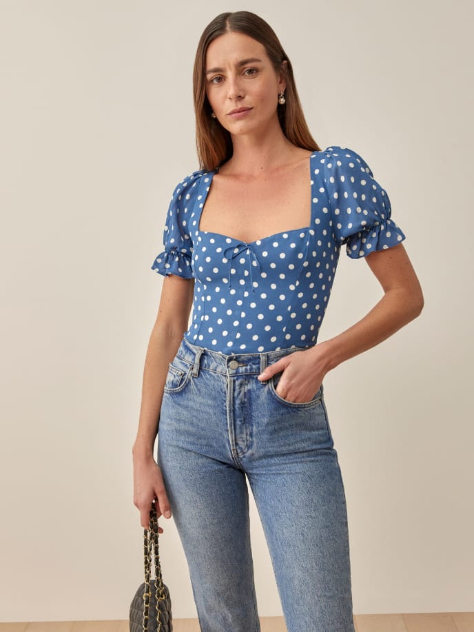 Rarove Summer Women Blue Polka Dot Print Shirt Retro Elastic Ruched Back Square Collar Short Sleeve Short Blouse Tank Tops