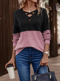 Rarove- Unique Two Color Tops Women Hollow cross V Neck Long Sleeve Ladies Spring Autumn Casual Pullover T Shirts