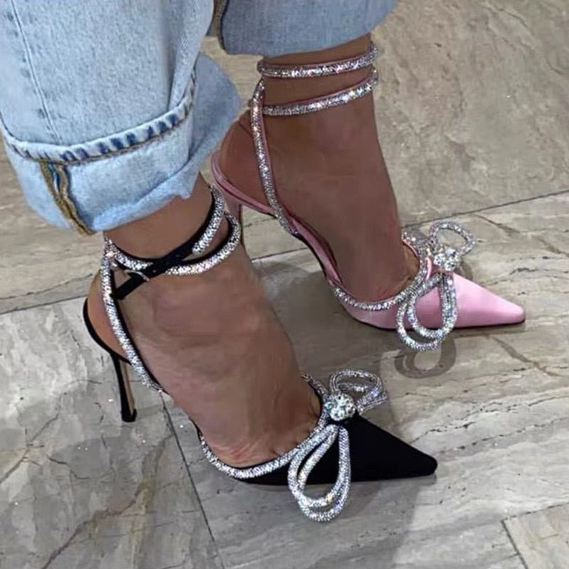 Sandals Women Pumps 2022 New Fashion Satin Glitter Rhinestones Party Shoes Sandals Crystal Bow Pointed Stiletto Prom Shoes Women