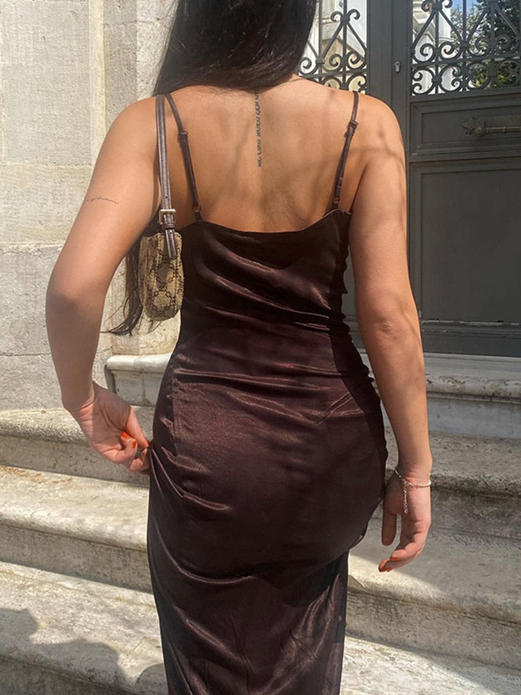Rarove Elegant Drawstring Ruched Sexy Midi Dress Outfits For Women Summer Satin Backless Cut Out Sundresses Gown Vestido