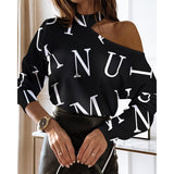 Rarove Autumn outfits Women Elegant Fashion Long Sleeve Blouses Tops Could Shoulder Letter Casual Blouse