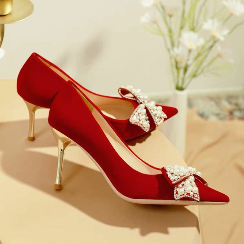 Rarove Sexy Red Velvet Wedding Shoes For Women 2022 Luxury Pearl Bowknot Pointed Toe Pumps Woman Stiletto High Heels Dress Shoes