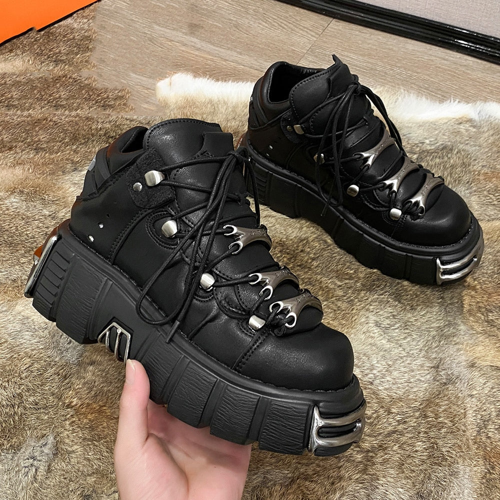 RAROVE Halloween Women's Punk Style Leather Shoes Lace-Up Heel Height 6CM Platform Female Gothic Ankle Boots PU Metal Decor Thick Bottom Sneakers