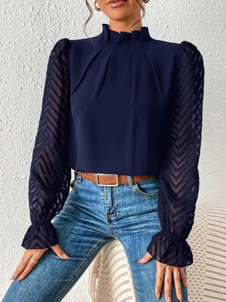Rarove- Luxury Half High Collar Blouse Lady Panel Wave Pattern Ruffle Leaf Long Sleeved T-Shirt  Autumn Winter Clothes