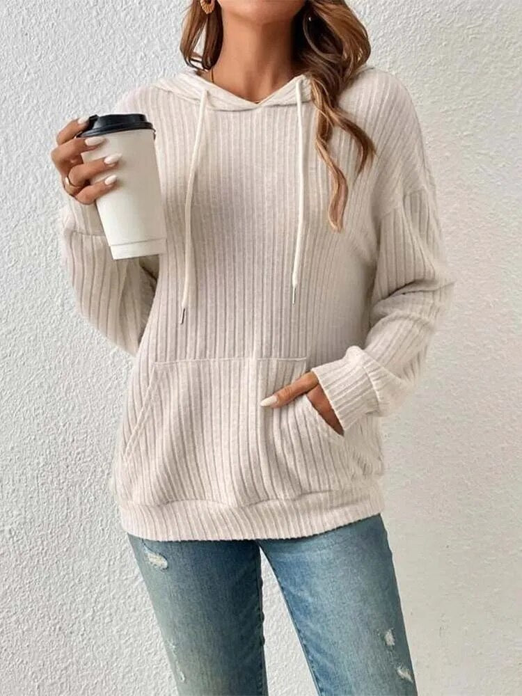 Rarove- Simple Hooded Sweatshirt Women's Solid Loose Autumn Winter Long Sleeve Young Girls Stripe Casual Top Clothing