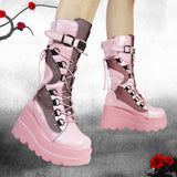 RAROVE Halloween Pink Autumn Winter Punk Halloween Cosplay Mid Calf Boots For Women Platform High Wedges Heels Gothic Motorcycle Boots Women