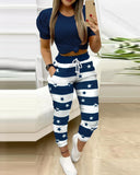 Rarove Back to School Women Fashion Casual Two-Piece Set Suits Set Female Spring Summer Clothes Short Sleeve Top &Striped Star Drawstring Pants Set