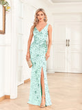Rarove Elegant Slit Evening Dress 2023 Women Long Mermaid Formal Sequrins Sexy V-neck Caicktail Wedding Party Prom Dresses