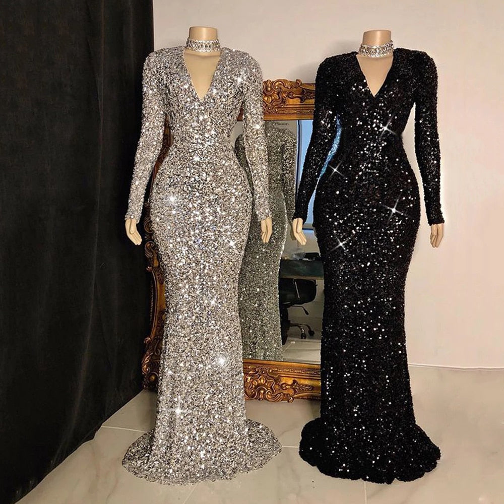 Rarove Sexy Long Mermaid Prom Dresses 2023 V-neck Long Sleeve Sequins Satin African Women Black Girl Prom Gowns For Party Dress