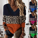 Rarove- 4 Color Patchwork Leopard Print T Shirt Women's V Neck Long Sleeved Lady Autumn Casual Pullover Leopard Tops  Oversized 5XL