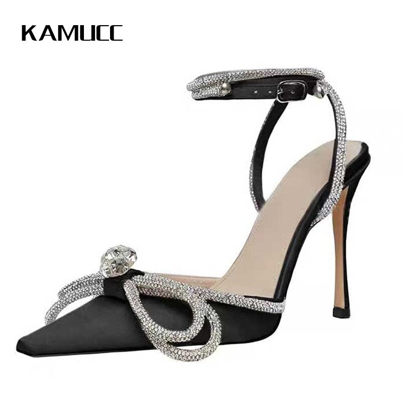 KAMUCC Shining Crystal Bowknot Pointed Toe Pumps Women Sexy Stiletto High Heels Wedding Shoes Woman Ankle Strap Summer Sandals
