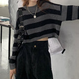 RAROVE Korean Style Striped Cropped Sweater Women Vintage Oversize Knit Jumper Female Autumn Long Sleeve O-Neck Pullovers Tops